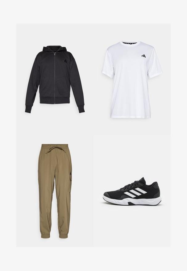 Fleece preto com fecho éclair, mangas longas, bolsos frontais, punhos e bainha canelados, e um pequeno logótipo no lado esquerdo do peito.; Camiseta atlética branca de mangas curtas, feita de tecido que absorve a humidade. Apresenta um logótipo preto no lado esquerdo do peito e um decote interior com padrão.; Calças jogger em caqui feitas de um material leve, com uma cintura elástica, cordão e bolso lateral tipo cargo. As bainhas são elásticas.; Tenis negros desportivos com um superior em malha texturizada, riscas brancas de destaque, sola acolchoada e um calcanhar reforçado para suporte.