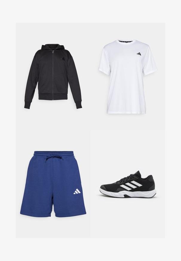 Melna zipa džemperis ar garām piedurknēm, priekšējām kabatām, ribotām aprocēm un apakšmalu, kā arī neliec logo kreisajā krūtī.; Balts sporta T-krekls ar īsām piedurknēm, izgatavots no mitrumu absorbējoša auduma. Tam ir melns logo kreisajā krūtī un rakstains iekšējais apkakles piegriezums.; Tumši zila kokvilnas šorti ar elastīgu jostu un velkamu auklu. Satur baltu logo un sānu kabatas. Mīksta tekstūra un ikdienišķs dizains.; Melnas sporta kurpes ar teksturētu acu augšdaļu, baltām akcentu svītrām, mīkstu zoli un pastiprinātu papēdi atbalstam.
