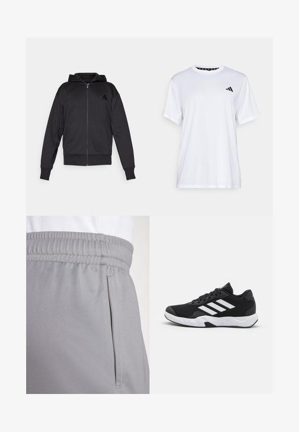 Sudadera con cremallera negra, de manga larga, con bolsillos frontales, puños y dobladillo acanalados, y un pequeño logo en el lado izquierdo del pecho.; Camiseta atlética blanca de manga corta, hecha de una tela que absorbe la humedad. Presenta un logo negro en el lado izquierdo del pecho y un cuello interior con un diseño estampado.; Pantalones cortos deportivos grises, fabricados en tejido ligero, con cintura elástica y un bolsillo lateral. Textura suave con sutilezas en las costuras.; Zapatillas deportivas negras con una parte superior de malla texturizada, rayas de acento blancas, suela acolchada y talón reforzado para mayor soporte.