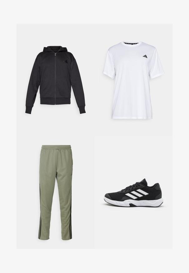 Crna zip-up dukserica s dugim rukavima, prednjim džepovima, rebrastim manžetama i donjim rubom, te malim logotipom na lijevoj strani prsnog koša.; Bijela atletska majica kratkih rukava, napravljena od tkanine koja upija vlagu. Ima crni logo na lijevoj strani prsiju i uzorčeni unutarnji obrub dekoltea.; adidas Performance TRAIN ESSENTIALS 3-STRIPES - Donji dijelovi trenirke - silver pebble/black; Crne atletske cipele s teksturiranim mrežastim gornjim dijelom, bijelim naglasnim trakama, podstavljenim potplatom i ojačanim petom za podršku.