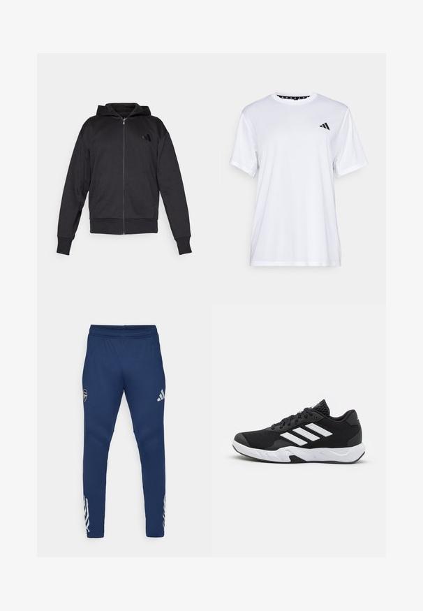 Sudadera con cremallera negra, de manga larga, con bolsillos frontales, puños y dobladillo acanalados, y un pequeño logo en el lado izquierdo del pecho.; Camiseta atlética blanca de manga corta, hecha de una tela que absorbe la humedad. Presenta un logo negro en el lado izquierdo del pecho y un cuello interior con un diseño estampado.; Pantalones deportivos de color navy con cinturilla elástica, diseño de pierna tapered, logo plateado en el muslo y distintivas tres franjas en la parte inferior de la pierna.; Zapatillas deportivas negras con una parte superior de malla texturizada, rayas de acento blancas, suela acolchada y talón reforzado para mayor soporte.