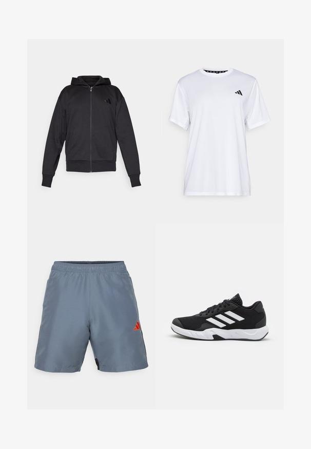 Fleece preto com fecho éclair, mangas longas, bolsos frontais, punhos e bainha canelados, e um pequeno logótipo no lado esquerdo do peito.; Camiseta atlética branca de mangas curtas, feita de tecido que absorve a humidade. Apresenta um logótipo preto no lado esquerdo do peito e um decote interior com padrão.; Calções atléticos cinzentos com um cinto elástico, painéis laterais pretos e um logótipo laranja da Adidas na perna esquerda. Tecido leve e suave.; Tenis negros desportivos com um superior em malha texturizada, riscas brancas de destaque, sola acolchoada e um calcanhar reforçado para suporte.