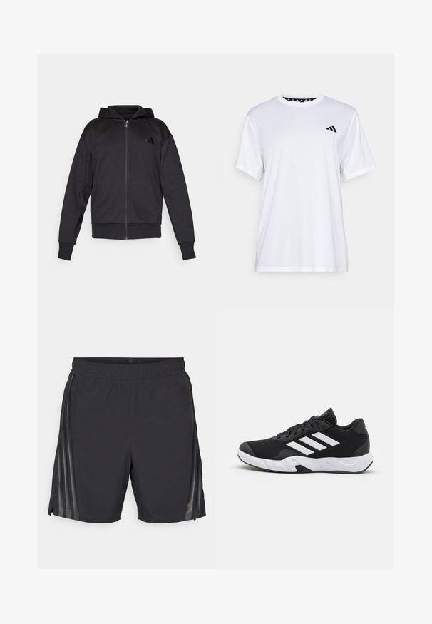 Black zip-up hoodie with long sleeves, front pockets, ribbed cuffs and hem, and a small logo on the left chest.; White athletic t-shirt with short sleeves, made from moisture-wicking fabric. Features a black logo on the left chest and a patterned interior neckline.; Black athletic shorts made of lightweight fabric, featuring an elastic waistband, side slits, and sheer panel accents along the sides.; Black athletic shoes with a textured mesh upper, white accent stripes, a cushioned sole, and a reinforced heel for support.