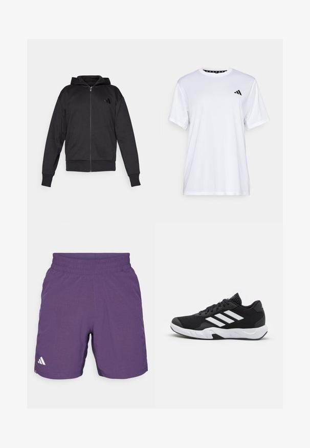 Črna zadrgasta jopica s dolgimi rokavi, sprednjimi žepi, ribastimi manšetami in robom ter majhnim logotipom na levem prsnem delu.; Bela športna majica s kratkimi rokavi, izdelana iz tkanine, ki odvaja vlago. Ima črn logotip na levem prsnem delu in vzorčasto notranjo vratno odprtino.; Purpurne atletske kratke hlače iz dih℠ivega materiala, z elastičnim pasom in belim logotipom na levi strani.; Črne atletske čevlje z strukturiranim mrežastim zgornjim delom, belimi poudarnimi črtami, oblazinjenim podplatom in ojačanim petnim delom za podporo.