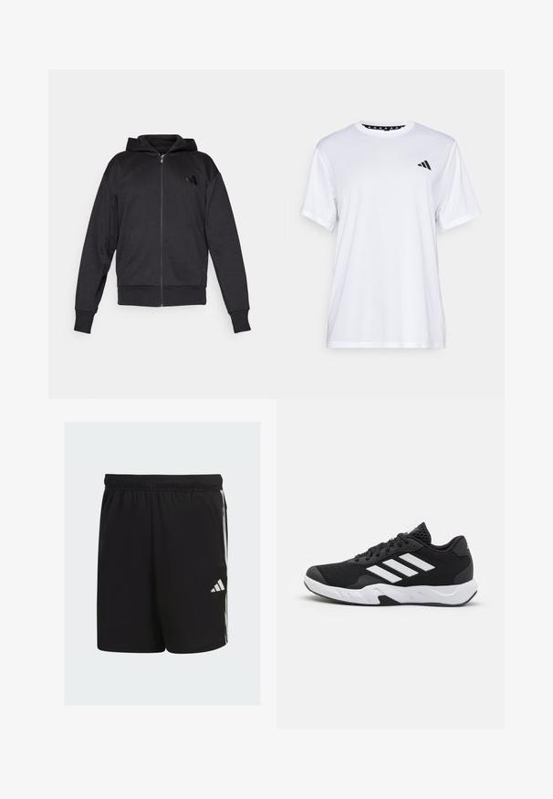 Felpa nera con zip, maniche lunghe, tasche frontali, polsini e fondo a costine, e un piccolo logo sul lato sinistro del petto.; Maglietta sportiva bianca a maniche corte, realizzata in tessuto traspirante. Presenta un logo nero sul lato sinistro del petto e un collo interno a fantasia.; Pantaloni atletici neri realizzati in tessuto leggero con vita elastica, con strisce bianche e il logo Adidas sul lato.; Scarpe da ginnastica nere con una tomaia in mesh texturizzata, strisce bianche di accento, suola imbottita e tallone rinforzato per supporto.