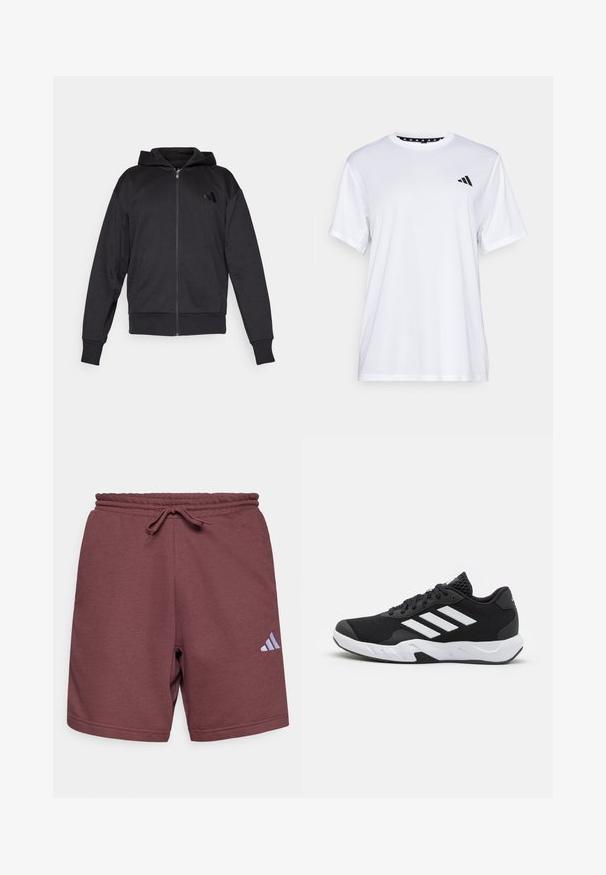 Svart hettegenser med glidelås, lange ermer, lommer foran, ribbestrikkede mansjetter og hem, samt en liten logo på venstre bryst.; Hvit trenings T-skjorte med korte ermer, laget av fukttransporterende stoff. Har en svart logo på venstre bryst og et mønstrete innvendig halsåpning.; Burgunderfargede shorts laget av mykt materiale, med strikk i livet og snøring, samt en lys blå logo nederst til venstre.; Sorte joggesko med teksturert mesh-overdel, hvite aksentstriper, en polstret såle og en forsterket hæl for støtte.