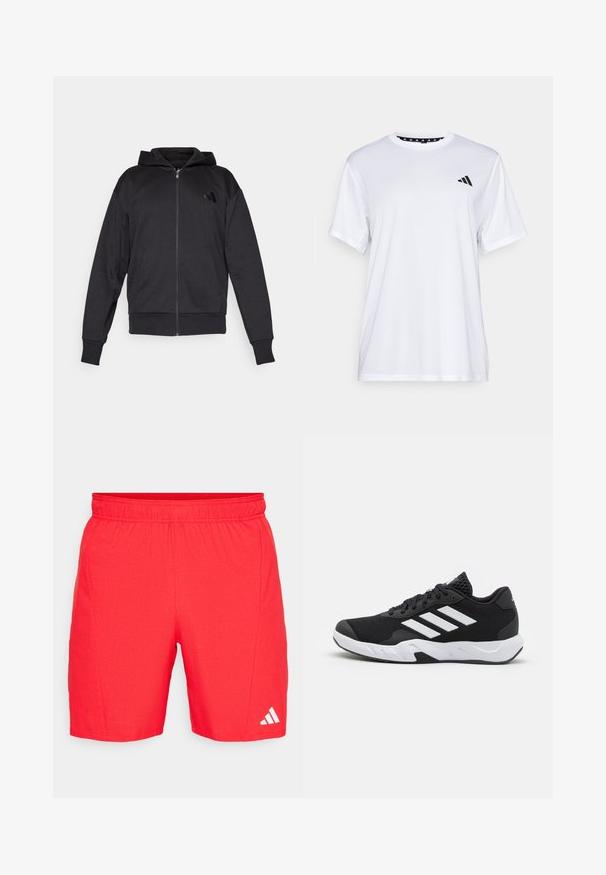 Zwarte zip-up hoodie met lange mouwen, voorzakken, geribde manchetten en zoom, en een klein logo op de linker borst.; Witte sport T-shirt met korte mouwen, gemaakt van vochtafvoerende stof. Heeft een zwart logo op de linkerkant van de borst en een gemusterde binnenhals.; Rode sportieve shorts met een elastische tailleband, gestructureerde stof en een wit Adidas-logo nabij de zoom.; Zwarte sportieve schoenen met een geperforeerde mesh bovenkant, witte accentstrepen, een gevoerde zool en een versterkte hiel voor extra ondersteuning.