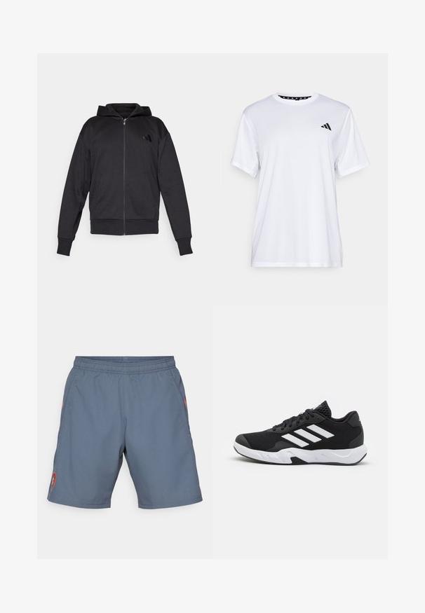 Mustmustaga musta kapuutsiga, pika varrukaga, ees taskutega, soonikuga varruka- ja alumise servaga ning väike logo vasakul rinnal.; Valge sportlik T-särk lühikeste varrukatega, valmistatud niiskust eemaldavast kangast. Ees on must logo vasakul rinnal ja soe mustriline kaelaosa.; Hallid hallid spordilühikesed, millel on elastne vöökoht, küljetaskud ja punane logo vasakul jalal. Kerge, sile kangas, millel on tagasihoidlik sära.; Mustad mustosportlikud jalanõud, millel on tekstuuriga võrkpealne, valged aksenttriibud, pehme tallaga ja tugevdatud konts toe jaoks.