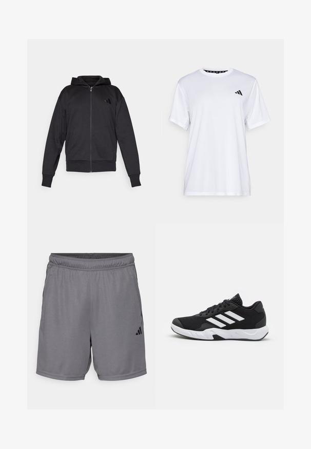 Svart zip-up huvtröja med långa ärmar, framfickor, ribbad mudd och nederkant, samt en liten logotyp på vänster bröst.; Vit sporttopp med kort ärm, tillverkad av fukttransporterande tyg. Har en svart logotyp på vänster bröst och ett mönstrat inre halsringning.; Grå sportshorts med elastisk midjeband, två sidofickor och en diskret svart logotyp på neder vänster sida. Slät, lättvikts tyg.; Svarta sportskor med ett texturerat nätövre, vita accentlinjer, en dämpad sula och en förstärkt häl för stöd.