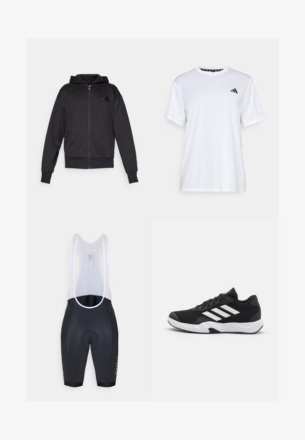Crna zip-up dukserica s dugim rukavima, prednjim džepovima, rebrastim manžetama i donjim rubom, te malim logotipom na lijevoj strani prsnog koša.; Bijela atletska majica kratkih rukava, napravljena od tkanine koja upija vlagu. Ima crni logo na lijevoj strani prsiju i uzorčeni unutarnji obrub dekoltea.; Crne biciklističke bib kratke hlače s bijelim mrežastim naramenicama, podstavljenim sjedalnim dijelom i detaljem s logotipom na nozi. Glatki materijal s uskim dizajnom.; Crne atletske cipele s teksturiranim mrežastim gornjim dijelom, bijelim naglasnim trakama, podstavljenim potplatom i ojačanim petom za podršku.