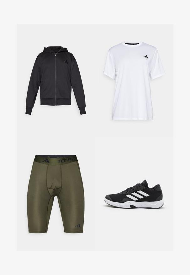 Crna zip-up dukserica s dugim rukavima, prednjim džepovima, rebrastim manžetama i donjim rubom, te malim logotipom na lijevoj strani prsnog koša.; Bijela atletska majica kratkih rukava, napravljena od tkanine koja upija vlagu. Ima crni logo na lijevoj strani prsiju i uzorčeni unutarnji obrub dekoltea.; Maslinasto zelene kompresijske kratke hlače s crnim TECHFIT pojasom, koje imaju glatku teksturu, prilagođen oblik i suptilne detalje šavova.; Crne atletske cipele s teksturiranim mrežastim gornjim dijelom, bijelim naglasnim trakama, podstavljenim potplatom i ojačanim petom za podršku.