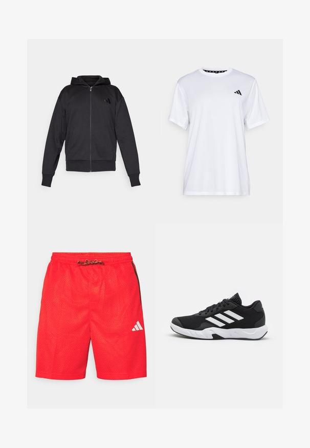 Felpa nera con zip, maniche lunghe, tasche frontali, polsini e fondo a costine, e un piccolo logo sul lato sinistro del petto.; Maglietta sportiva bianca a maniche corte, realizzata in tessuto traspirante. Presenta un logo nero sul lato sinistro del petto e un collo interno a fantasia.; Shorts sportivi rossi in materiale rete, con vita elastica e cordino, e un'accensione del logo bianco in basso a sinistra.; Scarpe da ginnastica nere con una tomaia in mesh texturizzata, strisce bianche di accento, suola imbottita e tallone rinforzato per supporto.