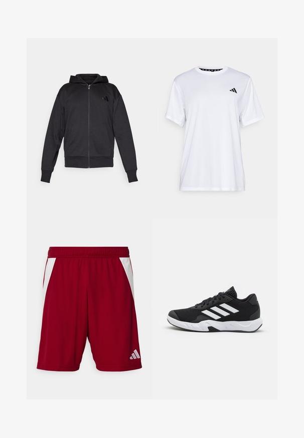 Mustat vetoketjuhupparit, joissa on pitkät hihat, etutaskut, ribbauskankaiset hihansuut ja helma, sekä pieni logo vasemmassa rinnassa.; Valkoinen urheilupaita lyhyillä hihoilla, valmistettu kosteutta siirtävästä kankaasta. Vasemmassa rinnassa on musta logo ja kauluksen sisäpuolella on kuvio.; Punaiset urheilushortsit, joissa on sileä rakenne, valkoiset sivuakkordit, joustava vyötärö ja heijastava brändilogo oikeassa alhaalla.; Mustat urheilukengät, joissa on teksturoitu verkkomateriaali yläosassa, valkoiset korostusraidat, pehmustettu pohja ja vahvistettu kanta tuen vuoksi.