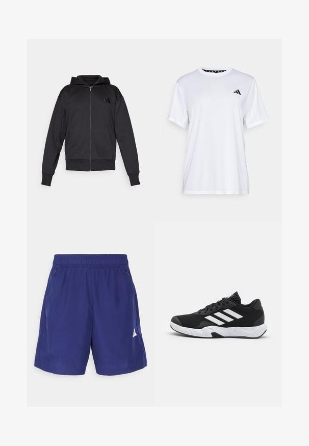Zwarte zip-up hoodie met lange mouwen, voorzakken, geribde manchetten en zoom, en een klein logo op de linker borst.; Witte sport T-shirt met korte mouwen, gemaakt van vochtafvoerende stof. Heeft een zwart logo op de linkerkant van de borst en een gemusterde binnenhals.; Marine sportshorts met een elastische tailleband, zijzakken met rits en een wit logo aan de onderzijde rechts. Glad, lichtgewicht materiaal.; Zwarte sportieve schoenen met een geperforeerde mesh bovenkant, witte accentstrepen, een gevoerde zool en een versterkte hiel voor extra ondersteuning.