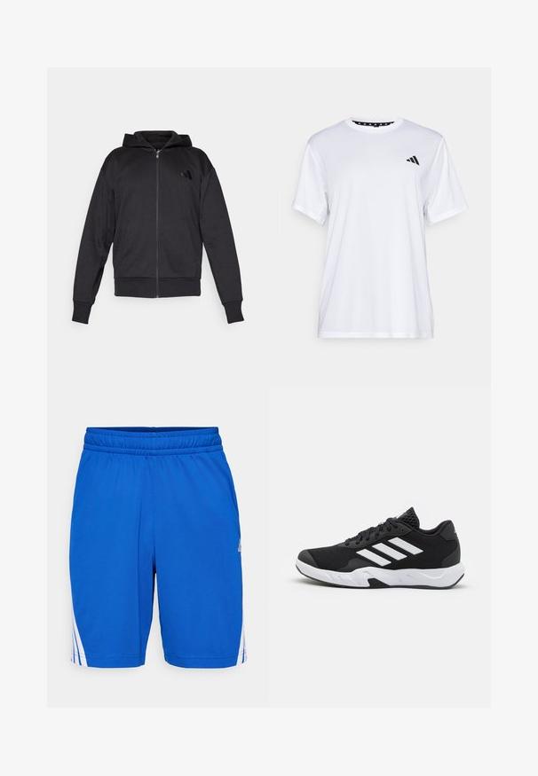 Crna zip-up dukserica s dugim rukavima, prednjim džepovima, rebrastim manžetama i donjim rubom, te malim logotipom na lijevoj strani prsnog koša.; Bijela atletska majica kratkih rukava, napravljena od tkanine koja upija vlagu. Ima crni logo na lijevoj strani prsiju i uzorčeni unutarnji obrub dekoltea.; Plave sportske hlače od glatkog materijala, s elastičnim pojasom i bijelim naglašenim prugama sa strane.; Crne atletske cipele s teksturiranim mrežastim gornjim dijelom, bijelim naglasnim trakama, podstavljenim potplatom i ojačanim petom za podršku.