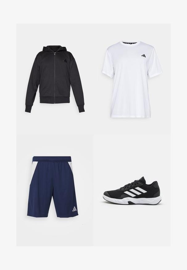 Juoda užtrauktuku užsidėta kapšas su ilgomis rankovėmis, priekinėmis kišenėmis, derančiais rankogaliais ir apvadu, bei maža logotipo etikete kairėje krūtinės pusėje.; Balta sportinė marškinėliai trumpomis rankovėmis, pagaminti iš drėgmę šalinančios medžiagos. Kairėje krūtinės pusėje yra juodas logotipas, o apykaklės viduje yra raštuotas dizainas.; Jūrų pajėgų sportiniai šortai, pagaminti iš lygaus audinio. Savybės: balti šonų akcentai ir elastingas juosmuo. Įtrauktas sidabrinis logotipas ant kairės kojos.; Juodi sportiniai batai su tekstūruotu tinkliniu paviršiumi, baltais akcentų dryžiais, paminkštintu padu ir sustiprintu kulnu paramai.