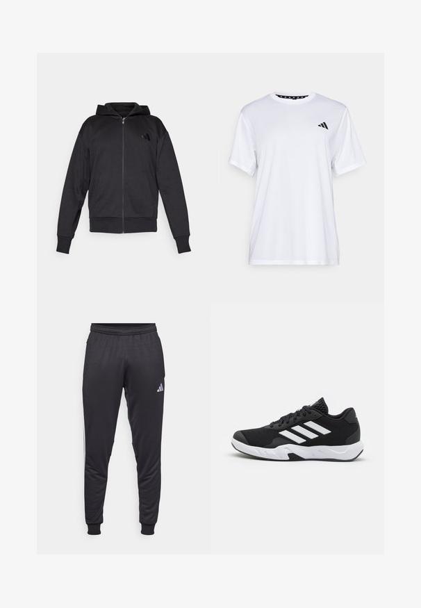 Zwarte zip-up hoodie met lange mouwen, voorzakken, geribde manchetten en zoom, en een klein logo op de linker borst.; Witte sport T-shirt met korte mouwen, gemaakt van vochtafvoerende stof. Heeft een zwart logo op de linkerkant van de borst en een gemusterde binnenhals.; Zwarte sportbroek met een zachte textuur, elastische tailleband en taps toelopende pijpen. Heeft een wit Adidas-logo en zijstrepen.; Zwarte sportieve schoenen met een geperforeerde mesh bovenkant, witte accentstrepen, een gevoerde zool en een versterkte hiel voor extra ondersteuning.