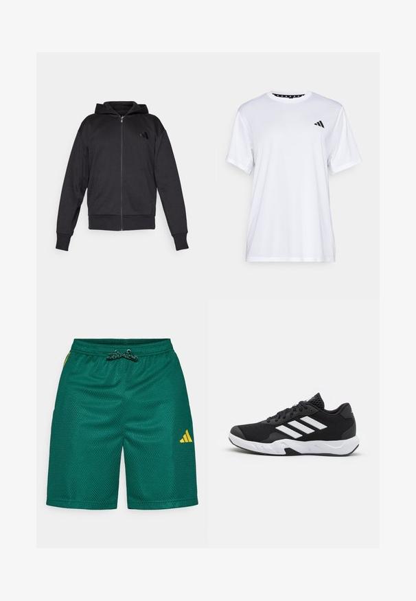 Črna zadrgasta jopica s dolgimi rokavi, sprednjimi žepi, ribastimi manšetami in robom ter majhnim logotipom na levem prsnem delu.; Bela športna majica s kratkimi rokavi, izdelana iz tkanine, ki odvaja vlago. Ima črn logotip na levem prsnem delu in vzorčasto notranjo vratno odprtino.; Zelene mrežaste kratke hlače z strukturiranim vzorcem, ki imajo elastični pas z vrvico in rumenim adidasovim logotipom na spodnji strani.; Črne atletske čevlje z strukturiranim mrežastim zgornjim delom, belimi poudarnimi črtami, oblazinjenim podplatom in ojačanim petnim delom za podporo.