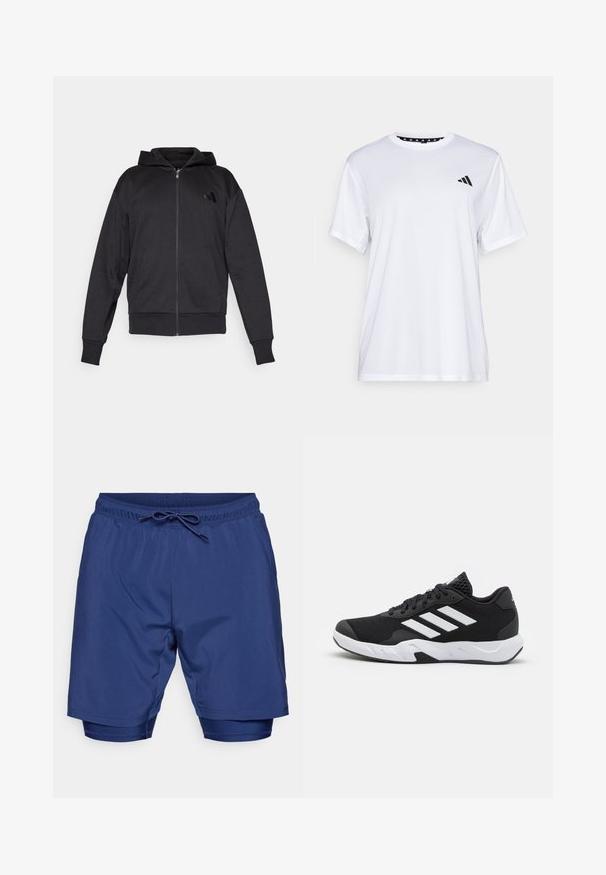 Sudadera con cremallera negra, de manga larga, con bolsillos frontales, puños y dobladillo acanalados, y un pequeño logo en el lado izquierdo del pecho.; Camiseta atlética blanca de manga corta, hecha de una tela que absorbe la humedad. Presenta un logo negro en el lado izquierdo del pecho y un cuello interior con un diseño estampado.; Bañador azul marino con cinturilla elástica y cordón de ajuste, con un diseño liso y forro interior ajustado.; Zapatillas deportivas negras con una parte superior de malla texturizada, rayas de acento blancas, suela acolchada y talón reforzado para mayor soporte.