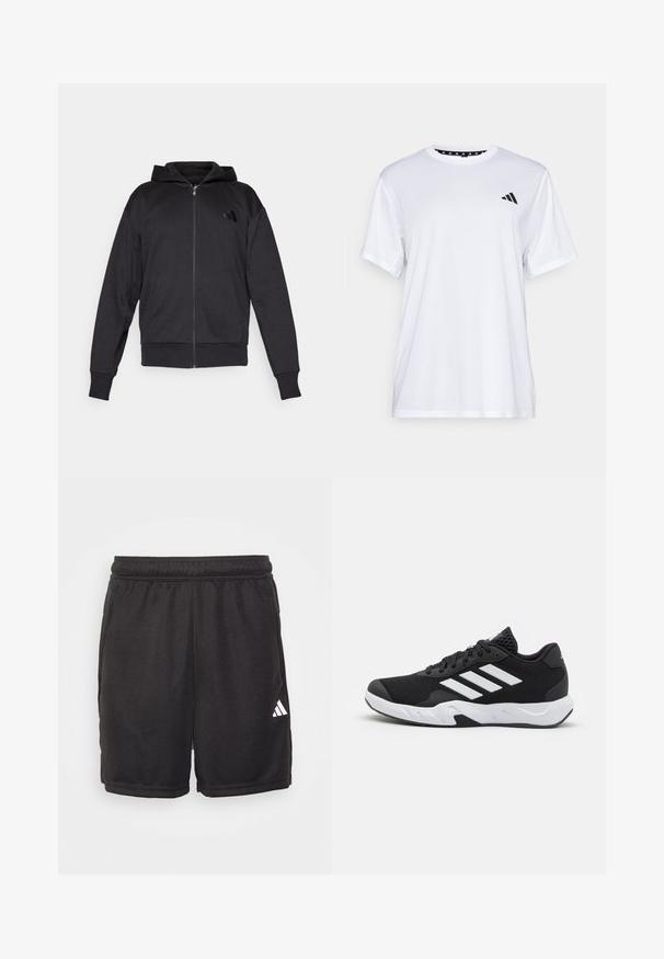Black zip-up hoodie with long sleeves, front pockets, ribbed cuffs and hem, and a small logo on the left chest.; White athletic t-shirt with short sleeves, made from moisture-wicking fabric. Features a black logo on the left chest and a patterned interior neckline.; Black athletic shorts made of smooth fabric, featuring an elastic waistband, side pockets, and a white Adidas logo on the lower right side.; Black athletic shoes with a textured mesh upper, white accent stripes, a cushioned sole, and a reinforced heel for support.