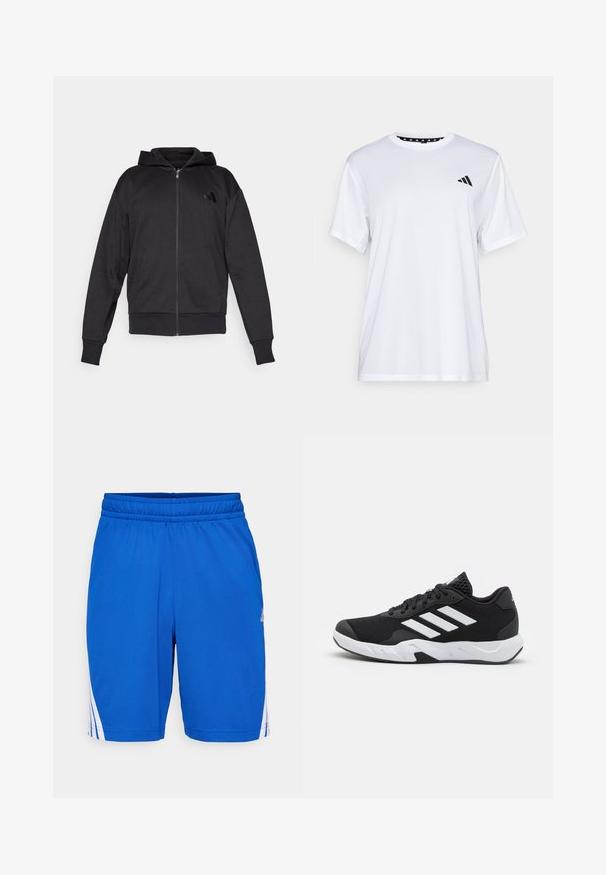 Sudadera con cremallera negra, de manga larga, con bolsillos frontales, puños y dobladillo acanalados, y un pequeño logo en el lado izquierdo del pecho.; Camiseta atlética blanca de manga corta, hecha de una tela que absorbe la humedad. Presenta un logo negro en el lado izquierdo del pecho y un cuello interior con un diseño estampado.; Pantalones cortos deportivos azules con cintura elástica, acentos blancos laterales y una tela suave y ligera. De longitud media con un corte recto.; Zapatillas deportivas negras con una parte superior de malla texturizada, rayas de acento blancas, suela acolchada y talón reforzado para mayor soporte.