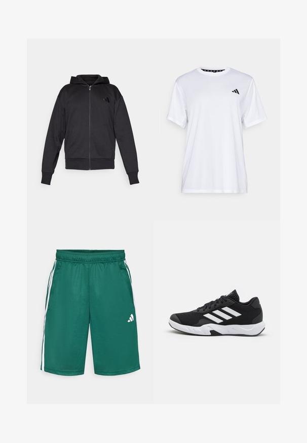 Zwarte zip-up hoodie met lange mouwen, voorzakken, geribde manchetten en zoom, en een klein logo op de linker borst.; Witte sport T-shirt met korte mouwen, gemaakt van vochtafvoerende stof. Heeft een zwart logo op de linkerkant van de borst en een gemusterde binnenhals.; Groene sportieve shorts van soepel, lichtgewicht stof. Voorzien van witte zijstrepen en een wit logo op het rechteronderbeen. Elastische tailleband.; Zwarte sportieve schoenen met een geperforeerde mesh bovenkant, witte accentstrepen, een gevoerde zool en een versterkte hiel voor extra ondersteuning.