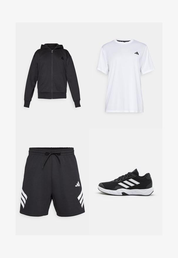 Mustmustaga musta kapuutsiga, pika varrukaga, ees taskutega, soonikuga varruka- ja alumise servaga ning väike logo vasakul rinnal.; Valge sportlik T-särk lühikeste varrukatega, valmistatud niiskust eemaldavast kangast. Ees on must logo vasakul rinnal ja soe mustriline kaelaosa.; Mustad lühikesed püksid, millel on paelaga vöökoht, valged diagonaalsed triibud mõlemal pool ja sile, pehme kangastekstuuri.; Mustad mustosportlikud jalanõud, millel on tekstuuriga võrkpealne, valged aksenttriibud, pehme tallaga ja tugevdatud konts toe jaoks.