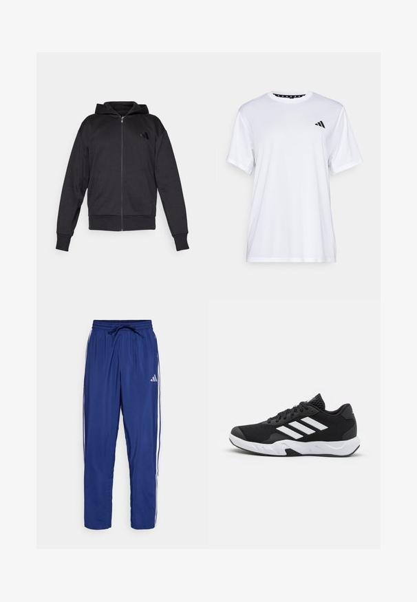 Zwarte zip-up hoodie met lange mouwen, voorzakken, geribde manchetten en zoom, en een klein logo op de linker borst.; Witte sport T-shirt met korte mouwen, gemaakt van vochtafvoerende stof. Heeft een zwart logo op de linkerkant van de borst en een gemusterde binnenhals.; Marineblauwe trainingsbroek van gladde stof, voorzien van witte zijstrepen en een elastische tailleband met een trekkoord voor een verstelbare pasvorm.; Zwarte sportieve schoenen met een geperforeerde mesh bovenkant, witte accentstrepen, een gevoerde zool en een versterkte hiel voor extra ondersteuning.