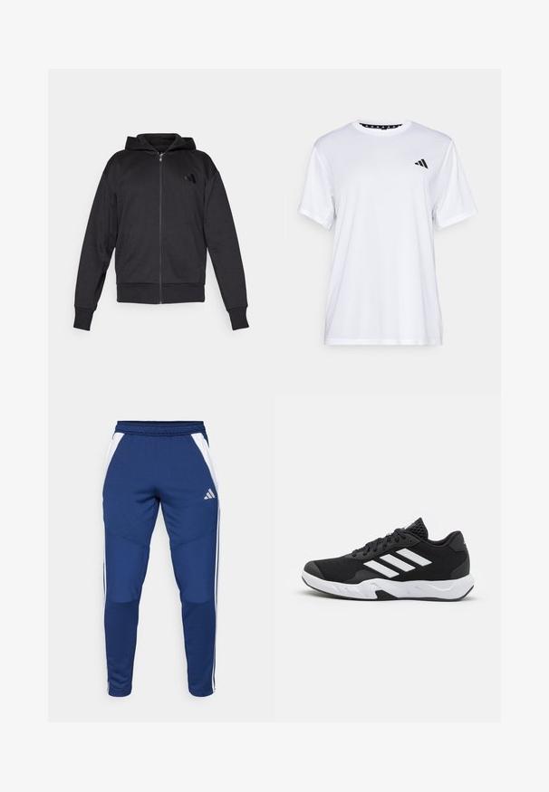 Fekete cipzáras kapucnis pulcsi hosszú ujjakkal, elülső zsebekkel, bordás mandzsettával és szegéllyel, valamint egy kis logóval a bal mellkason.; Fehér sportpóló rövid ujjal, nedvességelvezető anyagból készült. A bal mellrészen fekete logó található, és a nyak belső része mintás.; Tengerészeti kék sportos nadrág fehér oldalsávokkal, puha anyagból készült, tapered szabású, kényelmes rugalmas derékkal.; Fekete sportcipők, textúrált hálós felsőrésszel, fehér díszcsíkokkal, párnázott talppal és megerősített sarokkal a stabilitás érdekében.