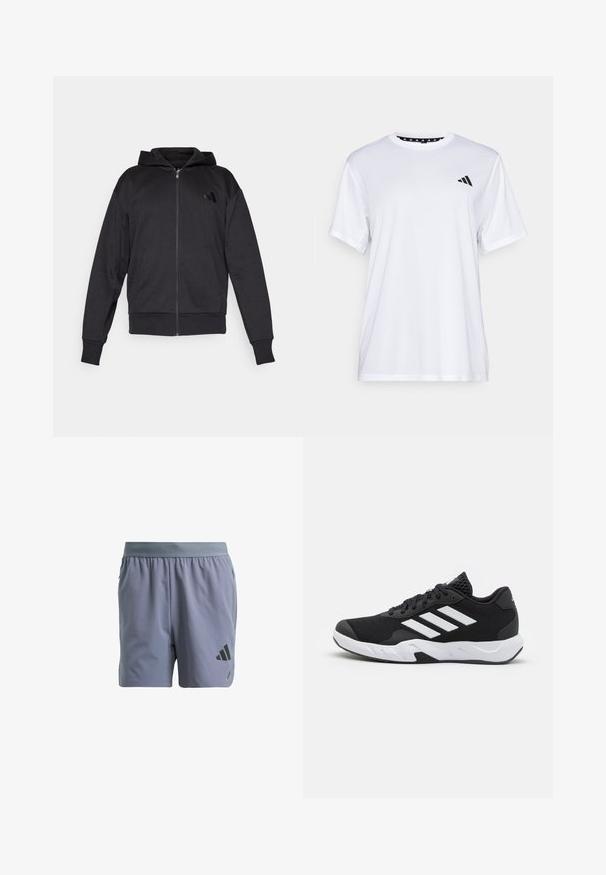 Crna zip-up dukserica s dugim rukavima, prednjim džepovima, rebrastim manžetama i donjim rubom, te malim logotipom na lijevoj strani prsnog koša.; Bijela atletska majica kratkih rukava, napravljena od tkanine koja upija vlagu. Ima crni logo na lijevoj strani prsiju i uzorčeni unutarnji obrub dekoltea.; Sivi atletski šortsevi s elastičnim pojasom, teksturirana tkanina, bočne džepove i crni logo na donjem lijevom dijelu noge.; Crne atletske cipele s teksturiranim mrežastim gornjim dijelom, bijelim naglasnim trakama, podstavljenim potplatom i ojačanim petom za podršku.