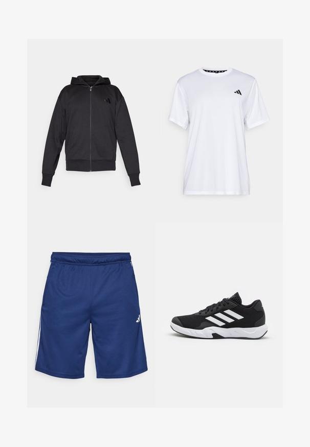 Mustmustaga musta kapuutsiga, pika varrukaga, ees taskutega, soonikuga varruka- ja alumise servaga ning väike logo vasakul rinnal.; Valge sportlik T-särk lühikeste varrukatega, valmistatud niiskust eemaldavast kangast. Ees on must logo vasakul rinnal ja soe mustriline kaelaosa.; Sinised sportlikud lühikesed püksid elastse vöökoha, küljetaskute ja valgete külgtriipudega. Valmistatud kergest, hingavast kangast.; Mustad mustosportlikud jalanõud, millel on tekstuuriga võrkpealne, valged aksenttriibud, pehme tallaga ja tugevdatud konts toe jaoks.