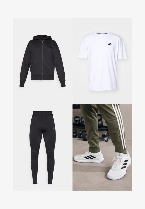 Fekete cipzáras kapucnis pulcsi hosszú ujjakkal, elülső zsebekkel, bordás mandzsettával és szegéllyel, valamint egy kis logóval a bal mellkason.; Fehér, rövid ujjú póló sima tapintású anyagból. Az elülső részen fekete adidas logó található a bal mellrészen, valamint mintás gallér jellemzi.; Fekete aktív leggings texturált panel mintával, magas derékkal és slim fit szabással. Az alsó lábon diszkrét logó található.; Fehér sportcipők fekete csíkokkal, hálós textúrával és párnázott bokarészel, olívazöld nadrággal, amely fehér oldalsávokkal rendelkezik.