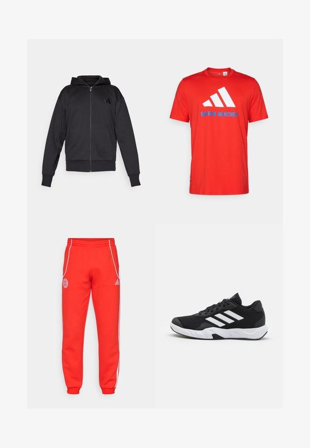 Črna zadrgasta jopica s dolgimi rokavi, sprednjimi žepi, ribastimi manšetami in robom ter majhnim logotipom na levem prsnem delu.; Rdeča bombažna majica z belim logotipom s tremi črtami in napisom "BAYERN MÜNCHEN" v modri barvi. Okrogla ovratnika in kratkimi rokavi, preprost dizajn.; Rdeče trenirke z elastičnim pasom, belimi stranskimi črtami in podrobnimi logotipi na boki in spodnjem delu noge. Narejene so iz mehkega blaga z rebrastimi manšeti.; Črne atletske čevlje z strukturiranim mrežastim zgornjim delom, belimi poudarnimi črtami, oblazinjenim podplatom in ojačanim petnim delom za podporo.