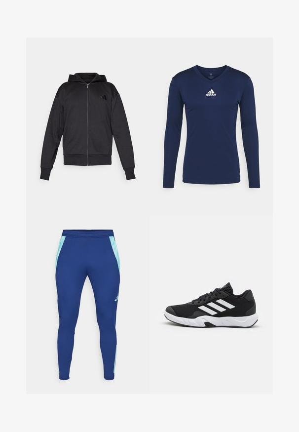 Čierna mikina s kapucňou na zips, dlhé rukávy, predné vrecká, rebrované manžety a spodný lem, a malá značka na ľavej strane hrude.; Námornícky dlhý rukáv atletická košeľa vyrobená z textúrovanej tkaniny s V-krkom a bielym logom Adidas na hrudi. Jednoduchý dizajn, priliehavý strih.; Námornícky modré športové legíny vyrobené z elastického materiálu, s svetlomodrými bočnými panelmi a priliehavým strihom s úzkym manžetou pri členku.; Čierne športové topánky s textúrovaným sieťovinovým zvrškom, bielymi akcentovými pruhmi, polstrovanou podrážkou a spevneným pätou pre podporu.