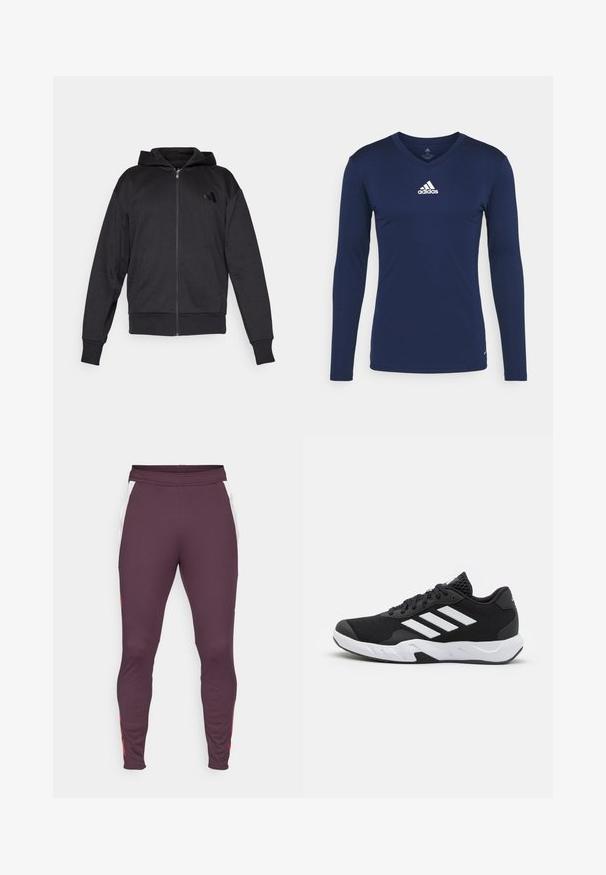 Felpa nera con zip, maniche lunghe, tasche frontali, polsini e fondo a costine, e un piccolo logo sul lato sinistro del petto.; Maglietta sportiva a maniche lunghe blu navy realizzata in tessuto texturizzato, con scollatura a V e logo Adidas bianco sul petto. Design semplice, forma aderente.; Pantaloni sportivi bordeaux realizzati in tessuto elasticizzato. Presentano pannelli laterali bianchi e dettagli rossi. Design con gamba affusolata e vita elastica.; Scarpe da ginnastica nere con una tomaia in mesh texturizzata, strisce bianche di accento, suola imbottita e tallone rinforzato per supporto.