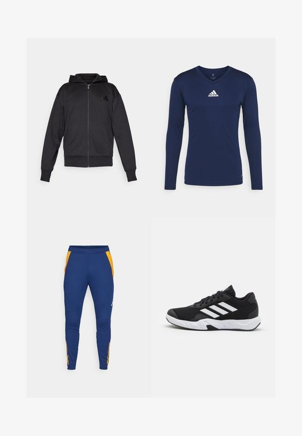 Felpa nera con zip, maniche lunghe, tasche frontali, polsini e fondo a costine, e un piccolo logo sul lato sinistro del petto.; Maglietta sportiva a maniche lunghe blu navy realizzata in tessuto texturizzato, con scollatura a V e logo Adidas bianco sul petto. Design semplice, forma aderente.; Pantaloni sportivi navy con pannelli laterali in rete arancione, gamba affusolata e cintura elastica. Presentano un logo discreto sulla coscia sinistra.; Scarpe da ginnastica nere con una tomaia in mesh texturizzata, strisce bianche di accento, suola imbottita e tallone rinforzato per supporto.