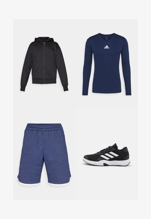 Melna zipa džemperis ar garām piedurknēm, priekšējām kabatām, ribotām aprocēm un apakšmalu, kā arī neliec logo kreisajā krūtī.; Jūras spēku garām piedurknēm sporta krekls, izgatavots no teksturēta auduma, ar V-veida kakla izgriezumu un baltu Adidas logotipu uz krūtīm. Vienkāršs dizains, pieguļoša forma.; Zili sporta šorti, izgatavoti no heather auduma. Iespējam elastīgs jostasvīrs un balts apmale kāju atverēs. Tieša griezuma dizains.; Melnas sporta kurpes ar teksturētu acu augšdaļu, baltām akcentu svītrām, mīkstu zoli un pastiprinātu papēdi atbalstam.