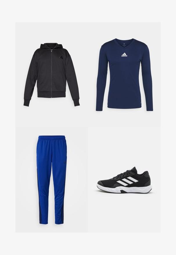 Zwarte zip-up hoodie met lange mouwen, voorzakken, geribde manchetten en zoom, en een klein logo op de linker borst.; Marineblauw sportshirt met lange mouwen, gemaakt van textuurstof, met een V-hals en een wit Adidas-logo op de borst. Eenvoudig ontwerp, nauwsluitende pasvorm.; adidas Performance TRAIN ESSENTIALS 3-STRIPES - Trainingsbroek - semi lucid blue; Zwarte sportieve schoenen met een geperforeerde mesh bovenkant, witte accentstrepen, een gevoerde zool en een versterkte hiel voor extra ondersteuning.