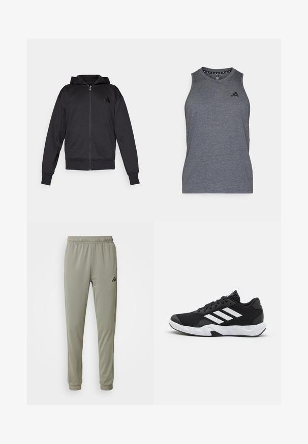 Black zip-up hoodie with long sleeves, front pockets, ribbed cuffs and hem, and a small logo on the left chest.; Gray athletic tank top made from a lightweight fabric, featuring a round neckline and black brand logo on the left chest area.; Light green athletic pants with an elastic waistband, tapered legs, and black logo detail. Made from smooth, breathable fabric.; Black athletic shoes with a textured mesh upper, white accent stripes, a cushioned sole, and a reinforced heel for support.