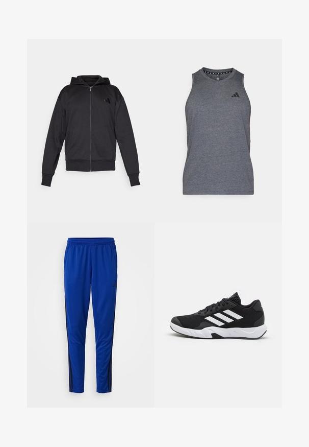 Juoda užtrauktuku užsidėta kapšas su ilgomis rankovėmis, priekinėmis kišenėmis, derančiais rankogaliais ir apvadu, bei maža logotipo etikete kairėje krūtinės pusėje.; Pilkas sportinis marškinėlis be rankovių, pagamintas iš lengvos medžiagos, turi apvalų iškirpimą ir juodą prekės ženklą kairėje krūtinės pusėje.; adidas Performance TRAIN ESSENTIALS 3-STRIPES - Treningo apatinė dalis - semi lucid blue; Juodi sportiniai batai su tekstūruotu tinkliniu paviršiumi, baltais akcentų dryžiais, paminkštintu padu ir sustiprintu kulnu paramai.