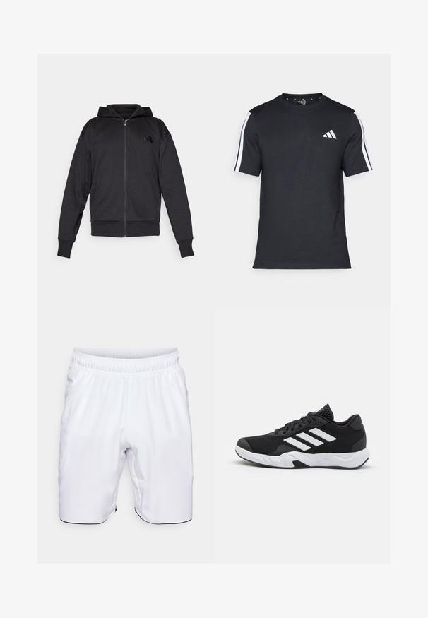 Black zip-up hoodie with long sleeves, front pockets, ribbed cuffs and hem, and a small logo on the left chest.; Black T-shirt made of cotton with short sleeves, featuring white stripes on the shoulders and a white logo on the left chest.; White athletic shorts made of lightweight fabric. Features an elastic waistband and side pockets, with contrasting black trim at the hem.; Black athletic shoes with a textured mesh upper, white accent stripes, a cushioned sole, and a reinforced heel for support.