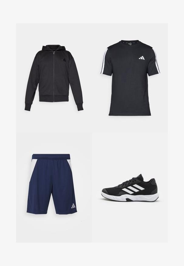 Black zip-up hoodie with long sleeves, front pockets, ribbed cuffs and hem, and a small logo on the left chest.; Black T-shirt made of cotton with short sleeves, featuring white stripes on the shoulders and a white logo on the left chest.; Navy athletic shorts made of smooth fabric. Features white side accents and an elastic waistband. Includes a silver logo on the left leg.; Black athletic shoes with a textured mesh upper, white accent stripes, a cushioned sole, and a reinforced heel for support.