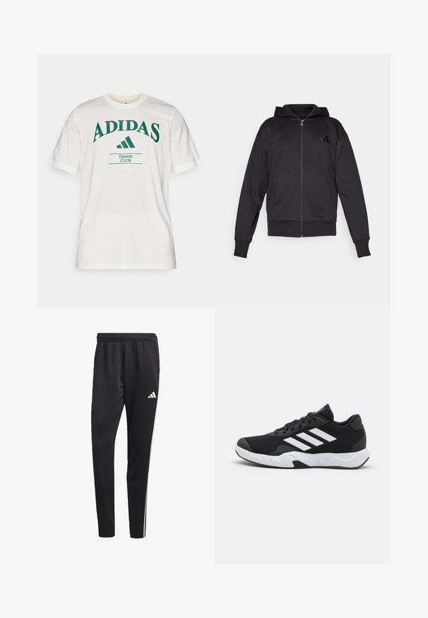 Svart hettegenser med glidelås, lange ermer, lommer foran, ribbestrikkede mansjetter og hem, samt en liten logo på venstre bryst.; Hvit bomulls T-skjorte med grønn "ADIDAS" tekst, med rund hals og korte ermer. Inkluderer "TENNISKLUBB" under logoen.; Sorte treningsbukser med en elastisk midje, hvite side.striper og en liten hvit logo på låret. Laget av et glatt, lett materiale.; Sorte joggesko med teksturert mesh-overdel, hvite aksentstriper, en polstret såle og en forsterket hæl for støtte.