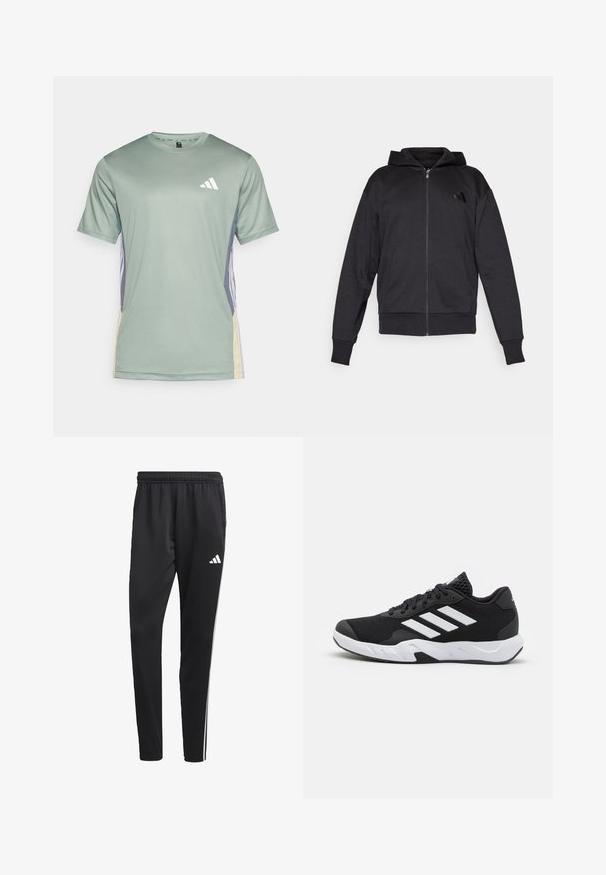 Black zip-up hoodie with long sleeves, front pockets, ribbed cuffs and hem, and a small logo on the left chest.; Light green athletic t-shirt with short sleeves, a round neck, and white logo. Features contrasting side panels in purple and yellow.; Black athletic pants with a stretchy waistband, white side stripes, and a small white logo on the thigh. Made from a smooth, lightweight material.; Black athletic shoes with a textured mesh upper, white accent stripes, a cushioned sole, and a reinforced heel for support.