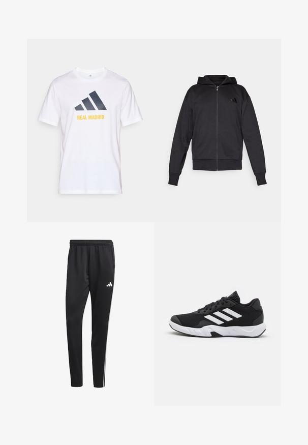 Schwarze Zip-Hoodie mit langen Ärmeln, vorderen Taschen, gerippten Bündchen und Saum sowie einem kleinen Logo auf der linken Brust.; Weißes Baumwoll-T-Shirt mit einem navyblauen Adidas-Logo und "REAL MADRID" in Gelb unter dem Logo. Kurze Ärmel, Rundhalsausschnitt.; Schwarze Sporthose mit einem dehnbaren Bund, weißen Seitenstreifen und einem kleinen weißen Logo auf dem Oberschenkel. Hergestellt aus einem glatten, leichten Material.; Schwarze Sportschuhe mit einem strukturierten Mesh-Obermaterial, weißen Akzentstreifen, einer gepolsterten Sohle und einer verstärkten Ferse für Unterstützung.