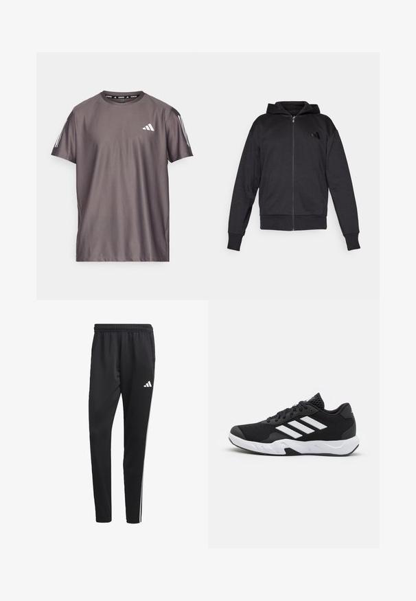 Sort zip-up hættetrøje med lange ærmer, forlommer, ribbede manchetter og kant, samt et lille logo på venstre bryst.; adidas Performance OTR B - Sports T-shirts - charcoal; Sorte træningsbukser med en strækbar talje, hvide sidelameller og et lille hvidt logo på låret. Fremstillet af et glat, let materiale.; Sorte atletiksko med en tekstureret mesh-overdel, hvide accentstriber, en polstret sål og en forstærket hæl for støtte.