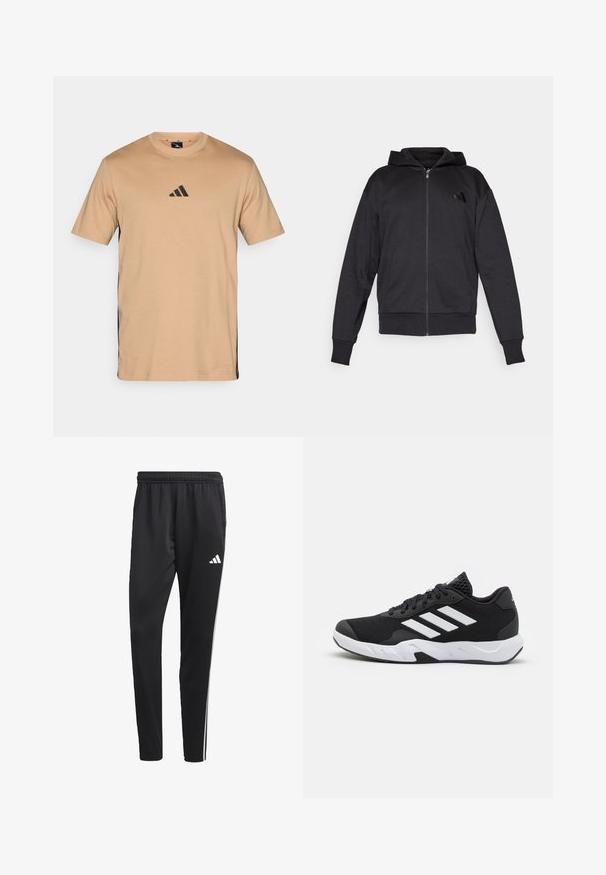 Černá mikina na zip s dlouhými rukávy, předními kapsami, žebrovanými manžetami a lemem, a malým logem na levé hrudi.; Světlé béžové tričko s kulatým výstřihem a krátkými rukávy. Má černé logo Adidas na hrudi a černé boční akcenty. Vyrobeno z bavlny.; Černé sportovní kalhoty s elastickým pasem, bílými bočními pruhy a malým bílým logem na stehně. Vyrobené z hladkého, lehkého materiálu.; Černé sportovní boty s texturovaným síťovaným svrškem, bílými akcentními pruhy, polstrovanou podrážkou a vyztuženým patem pro podporu.