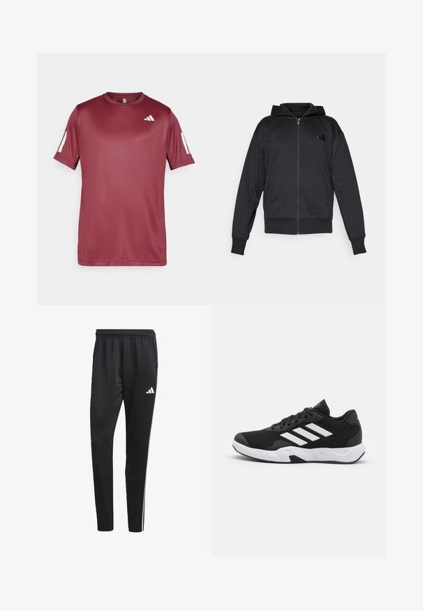 Μαύρη ζακέτα με φερμουάρ, μακριά μανίκια, μπροστινές τσέπες, ριμπ μανσέτες και στρίφωμα, και ένα μικρό λογότυπο στο αριστερό στήθος.; Βαθύ κόκκινο αθλητικό μπλουζάκι κοντού μανικιού φτιαγμένο από λείο, ελαφρύ ύφασμα. Διαθέτει λευκό λογότυπο στο στήθος και αντίθετες λευκές λεπτομέρειες στα μανίκια.; Μαύρο αθλητικό παντελόνι με ελαστική μέση, λευκές πλαϊνές ρίγες και ένα μικρό λευκό λογότυπο στο μηρό. Φτιαγμένο από απαλή, ελαφριά ύφανση.; Μαύρα αθλητικά παπούτσια με υφασμάτινη άνω επιφάνεια κώνου, λευκές διακοσμητικές ρίγες, μαξιλαρωτή σόλα και ενισχυμένη φτέρνα για στήριξη.