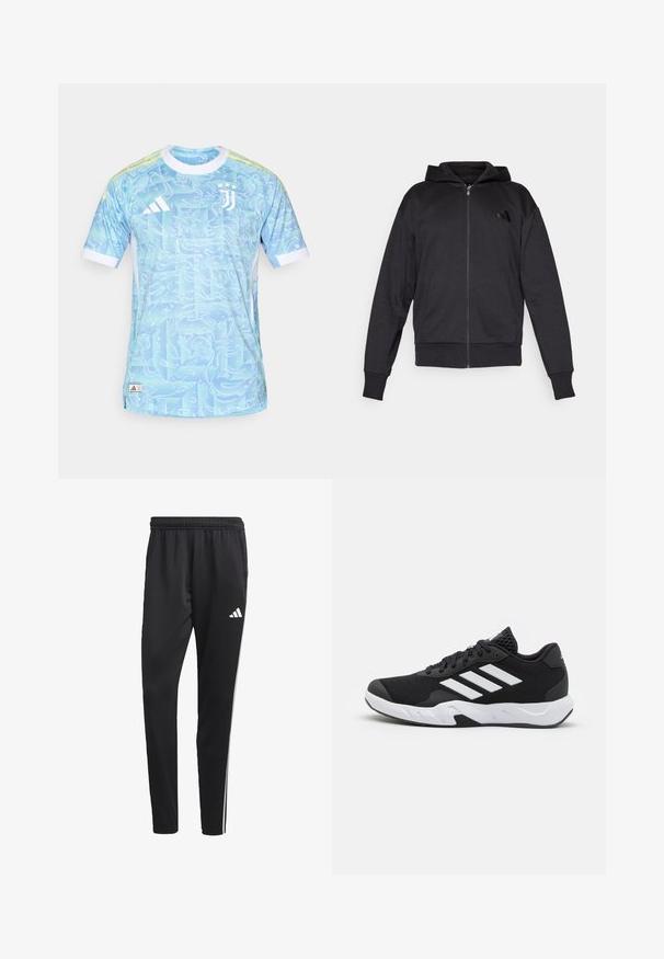 Felpa nera con zip, maniche lunghe, tasche frontali, polsini e fondo a costine, e un piccolo logo sul lato sinistro del petto.; Maglia sportiva blu con un motivo vorticoso, maniche corte e dettagli bianchi. Presenta il logo Adidas e l'emblema della Juventus sul davanti.; Pantaloni sportivi neri con una cintura elastica, strisce laterali bianche e un piccolo logo bianco sulla coscia. Realizzati in un materiale liscio e leggero.; Scarpe da ginnastica nere con una tomaia in mesh texturizzata, strisce bianche di accento, suola imbottita e tallone rinforzato per supporto.