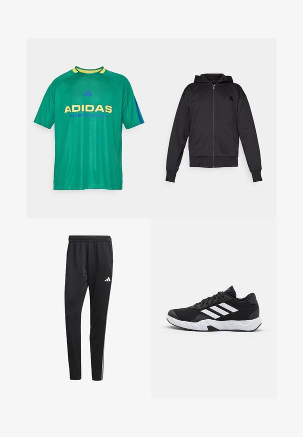 Fleece preto com fecho éclair, mangas longas, bolsos frontais, punhos e bainha canelados, e um pequeno logótipo no lado esquerdo do peito.; Camisola desportiva de manga curta verde com detalhes em amarelo e azul. Apresenta um grande logótipo "ADIDAS" e o texto "SPORTSWEAR" em cores contrastantes.; Calças de treino pretas com um cós elástico, riscas laterais brancas e um pequeno logotipo branco na coxa. Feitas de um material leve e suave.; Tenis negros desportivos com um superior em malha texturizada, riscas brancas de destaque, sola acolchoada e um calcanhar reforçado para suporte.